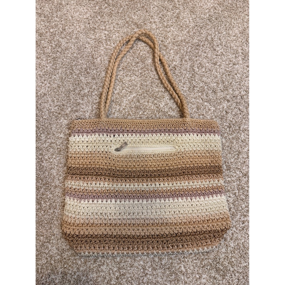 The Sak Crochet Tote Bag Beige Tan Striped Woven Shoulder Bag Boho Y2K Chic